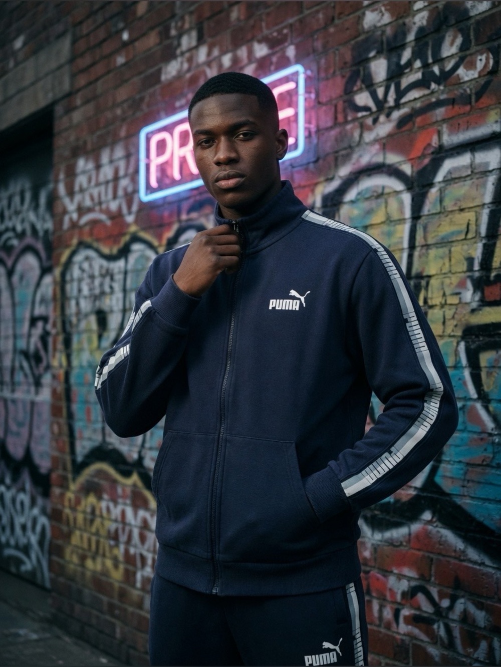 Puma Mens Vintage Style Navy Fleece Lined Track Jacket XL with Logo Tape Sleeves
